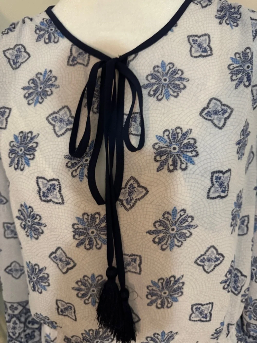 Michael Kors White and Navy Printed Long-Sleeve Peasant Blouse - Picture 2 of 5